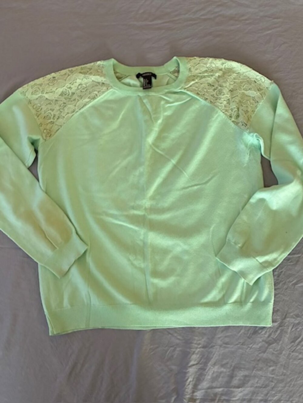 Mint green sweater, lace detail. Casual or Office look